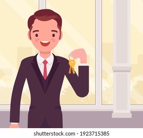 Happy smiling commercial real estate sale broker, male leasing agent. Handsome young man holding house or new apartment keys, brokerage professional service. Vector flat style cartoon illustration