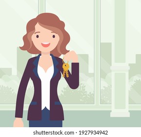 Happy smiling commercial real estate sale broker, female leasing agent. Pretty young woman holding house or new apartment keys, brokerage professional service. Vector creative stylized illustration