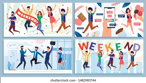 Happy Smiling Company Employee Team, Office Executive Managers, Men and Women Coworkers Satisfied with Weekend Cartoon Set. Vector Flat Illustration with Excited People Characters at Work Week End