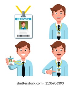 Happy smiling company representative business man wearing lanyard badge. Worker pointing at business ID card or holding it. Employee ID badge clipart set. Flat vector illustration isolated on white