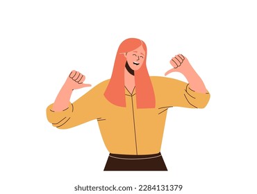 Happy smiling confident woman character pointing to herself expressing sense of self-assurance