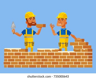 Happy smiling construction workers characters lay brick wall. Vector flat cartoon illustration