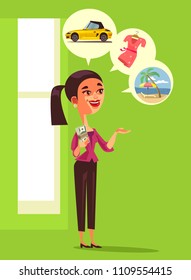 Happy smiling consumer woman character holding money dollars currency and dreaming about purchases house, car and vacation. Financial prosperity success salary profit flat cartoon design graphic