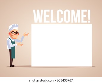 Happy, smiling cook holds empty Welcome banner. Vector flat cartoon illustration