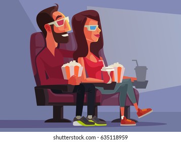 Happy smiling couple character mascot in cinema watching movie. Vector flat cartoon illustration