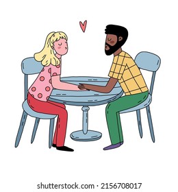 Happy smiling couple enjoying their summer date together. Hand drawn flat illustration. Cartoon vector characters. Man and woman sitting it the restaurant on the romantic date.