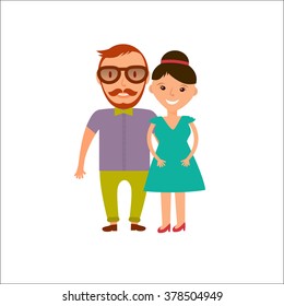Happy  Smiling  Couple in Flat Style. Man and woman in casual clothing isolated on white background. Vector modern illustration