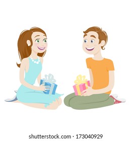 Happy smiling couple with gifts in their hands. Good for Valentines day or birthday designs.