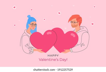 Happy smiling couple holding heart symbols as Valentines card. Flat vector illustration of teenage people who fell in love and celebrating Saint Valentines day. Romantic banner on rose background