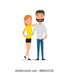 Happy smiling couple in love cartoon vector illustration. Hipster Character