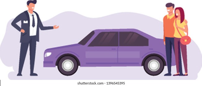 Happy smiling couple man woman character buying new car and shop store seller present car them. Car rent sell service concept. Vector flat cartoon graphic design illustration