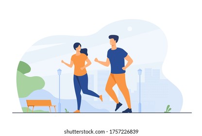 Happy smiling couple running at summer park flat vector illustration. Two cartoon runners jogging marathon together. Sport and healthy lifestyle concept