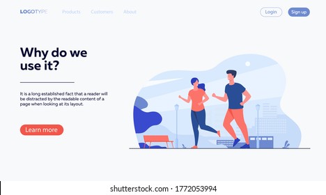 Happy smiling couple running at summer park flat vector illustration. Two cartoon runners jogging marathon together. Sport and healthy lifestyle concept