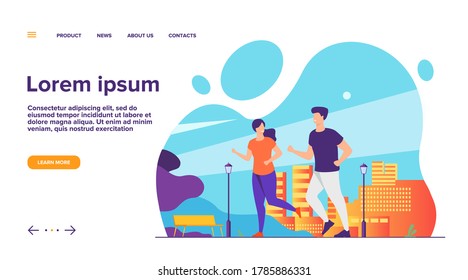 Happy smiling couple running at summer park flat vector illustration. Two cartoon runners jogging marathon together. Sport and healthy lifestyle concept