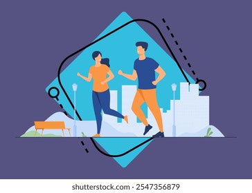 Happy smiling couple running at summer park flat vector illustration. Two cartoon runners jogging marathon together. Sport and healthy lifestyle concept