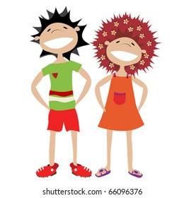 Happy, smiling couple, stylized characters over white background