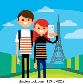 
Happy smiling couple taking selfie with their mobile phone in front of Eiffel tower in Paris, France. Young couple visiting Paris on honeymoon.