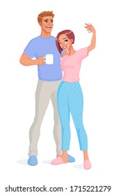 Happy smiling couple taking selfie while staying at home. Cartoon vector illustration isolated on white background.