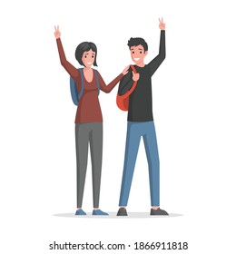 Happy smiling couple with touristic bags waving hands and welcoming vector flat illustration isolated on white background. Young woman and man in casual clothes ready for camping or walking.