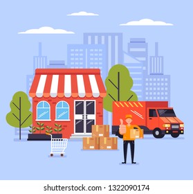 Happy smiling courier deliver man character holding package box and stating near shop building. Delivery transportation shipment concept. Vector design graphic isolated illustration