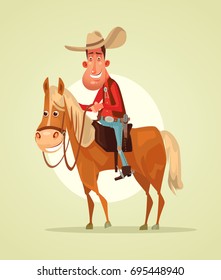 Happy smiling cowboy sheriff character ride horse. Vector flat cartoon illustration