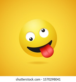 Happy smiling crazy emoticon with stuck out tongue on yellow gradient background. Vector funny yellow cartoon Emoji icon. 3D illustration for chat or message.
