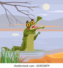 Happy smiling crocodile alligator characters looking out of water. Vector flat cartoon illustration