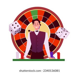 Happy smiling croupier man flat style, vector illustration isolated on white background. Stack of poker chips, dices, decorative design element about gambling, recreation