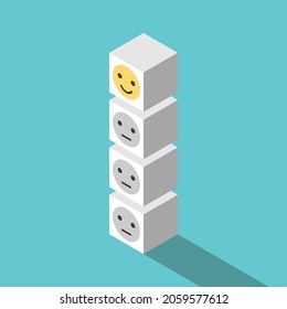 Happy smiling cube on top of unhappy or indifferent ones. Success, enthusiasm, leadership, positive thinking, optimism and exploitation concept. Flat design. EPS 8 vector illustration