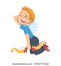 Happy Smiling Cupid Boy, Adorable Joyful Kid Angel Cherub with Wings Dressed Casual Clothes Cartoon Style Vector Illustration