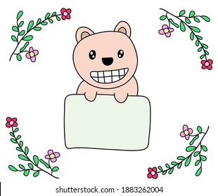 Happy Smiling cute Bear with sign and flower border doodle art background