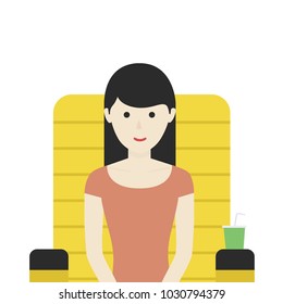 Happy smiling cute cartoon character sitting in the cinema in the chair and watching movie. Colorful simple flat design vector illustration.