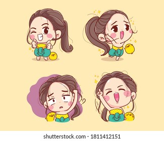 Happy Smiling cute characters in thai traditional collection cartoon set illustration logo. Premium Vector