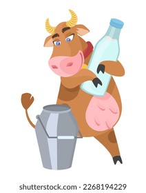 Happy smiling cute cow holding milk bottle standing near aluminum canister flat cartoon vector illustration. Funny animal and organic dairy product concept