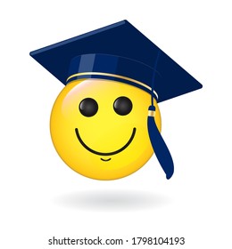 Happy Smiling Cute Emoticon -  Student In The Graduate Cap, Mortarboard Hat With Tassel. Cheerful Face Emoji - Vector Illustration, Sticker For Social Media, Website, App, Isolated On White Background