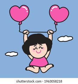 Happy Smiling Cute Girl Being Carried Up and Away By Two Heart Shaped Balloons That She Is Holding. Valentine's Day Series Concept Card Character illustration