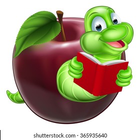 A happy smiling cute green cartoon caterpillar bookworm coming out of an apple and reading a book