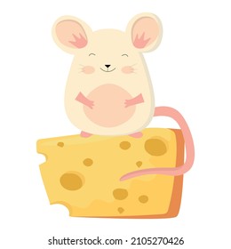 Happy smiling cute mouse is sitting on the cheese
