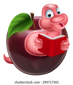 A happy smiling cute pink cartoon caterpillar worm bookworm coming out of an apple and reading a book