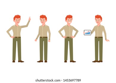 Happy, smiling, cute red hair young office man in green pants vector illustration. Standing with tablet, showing victory sign boy cartoon character set