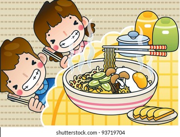 Happy Smiling Cute Young Boy and Lovely Girl with Tasty Spicy Ramen in a snack bar on a background of brown pattern