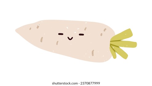 Happy smiling daikon character. Cute funny vegetable, glad cheerful emotion, enjoying face expression. Kawaii positive food. Kids childish flat vector illustration isolated on white background