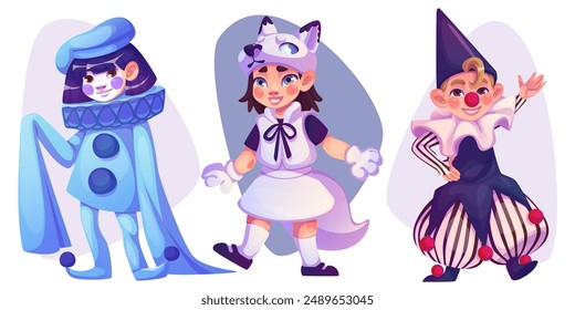 Happy smiling and dancing little kids in carnival costumes. Cartoon vector illustration set of cute children in masquerade suit of pierrot, white fox or dog and jester for kindergarten cosplay theater