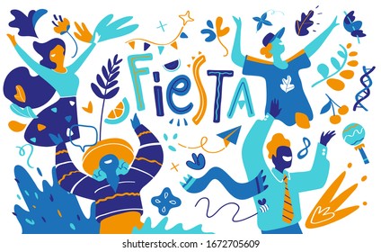 Happy smiling dancing men and women having fun and enjoying birthday party or holiday celebration - Vector illustration