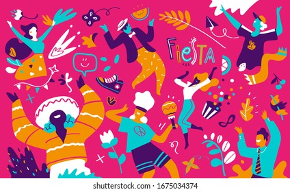 Happy smiling dancing young men and women having fun and enjoying birthday party or holiday celebration - Vector illustration