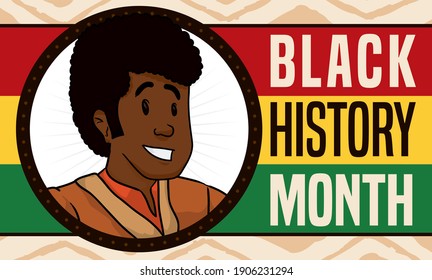 Happy, smiling dark skinned man inside button, wearing traditional African clothes and flag, celebrating a happy Black History Month.