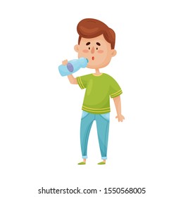Happy and Smiling Dark-Haired Boy Standing With Bottle of Water in His Hand Vector Illustration