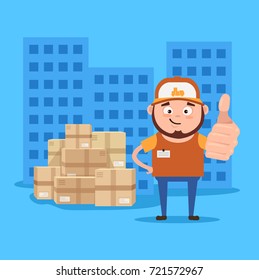 Happy smiling delivery man courier show ok sigh with hand. Supply in time concept. Vector flat cartoon illustration