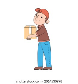 Happy smiling deliveryman with a box, cartoon character isolated on white background. Male courier with a parcel, vector illustration. Shopping service mascot. Mover with a package. Warehouse worker.