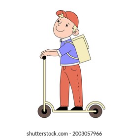 Happy smiling deliveryman with a thermo bag riding a kick scooter, cartoon character isolated on white background. Male courier, vector illustration. Shopping service mascot. Restaurant food delivery.